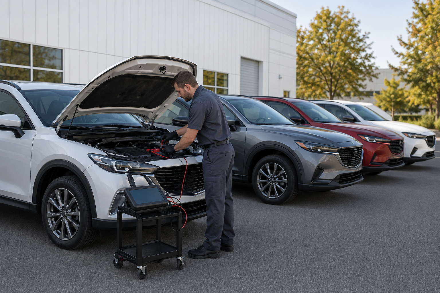 Technician performing under-hood battery checks on a crossover